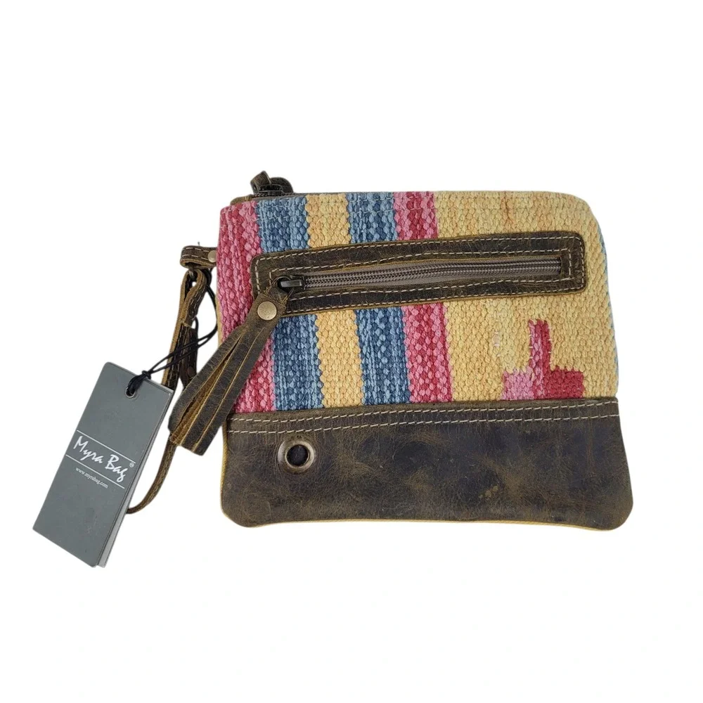 Myra Bag Midsummer Pouch‎ Woven Rug Leather Wristlet Yellow Multi Small